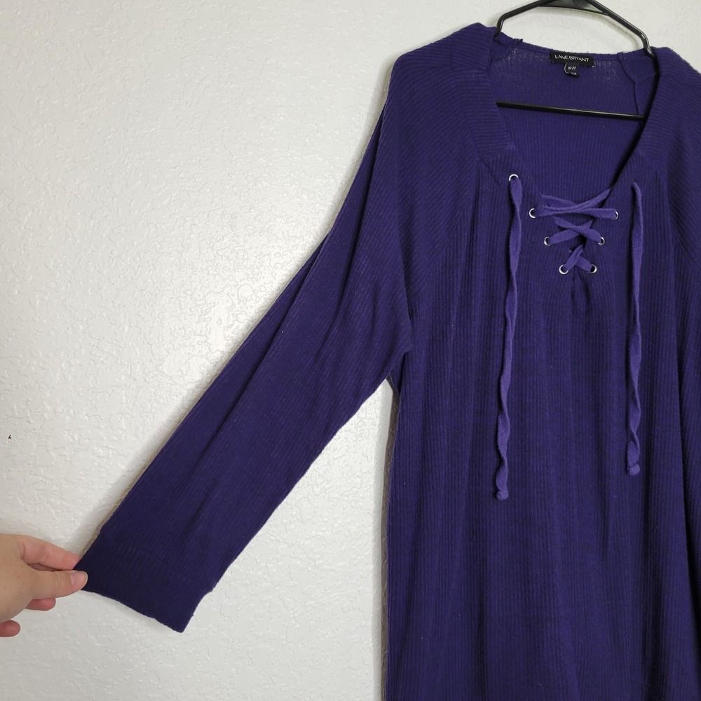 Lane Bryant Navy Blue Long Sleeve V-Neck Lace Up Waffle Knit Tunic Size 18/20 - Picture 3 of 7